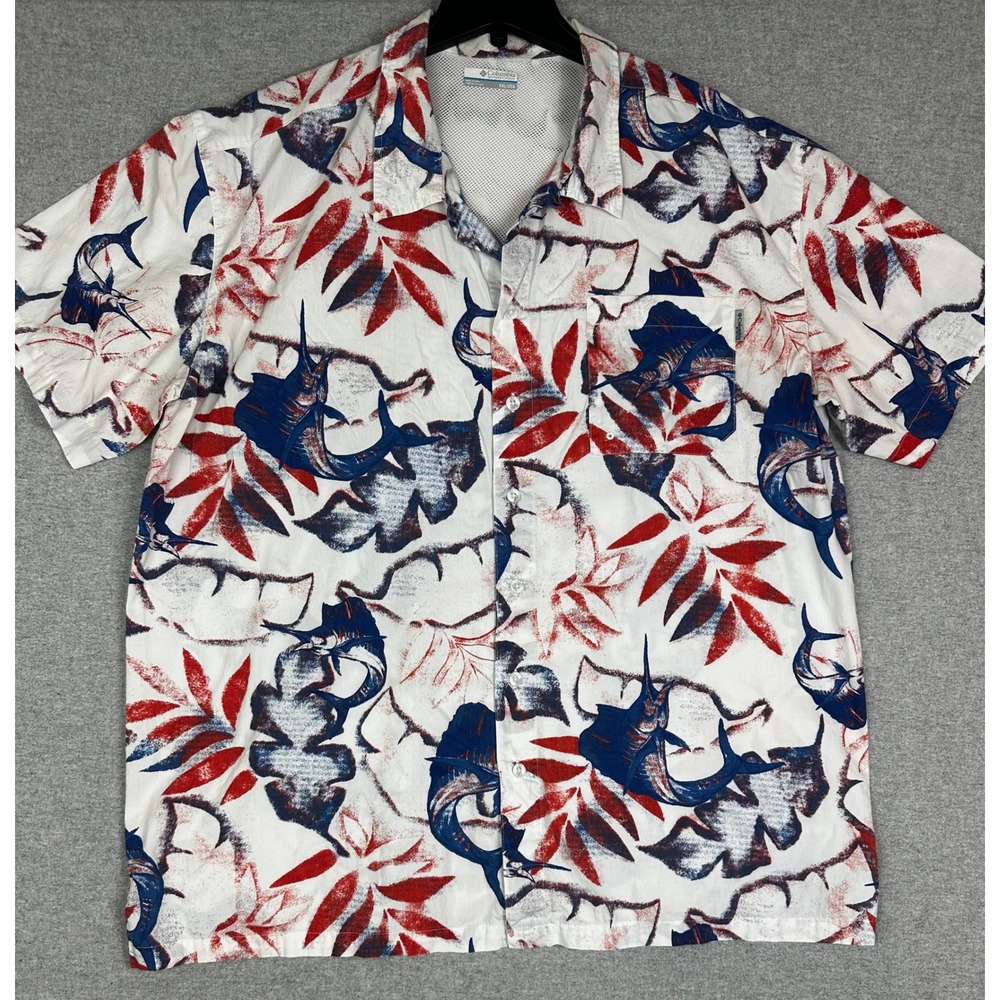 Columbia PFG Fishing Shirt Mens XXL White Red Blue Excellent Marlin Print S/S